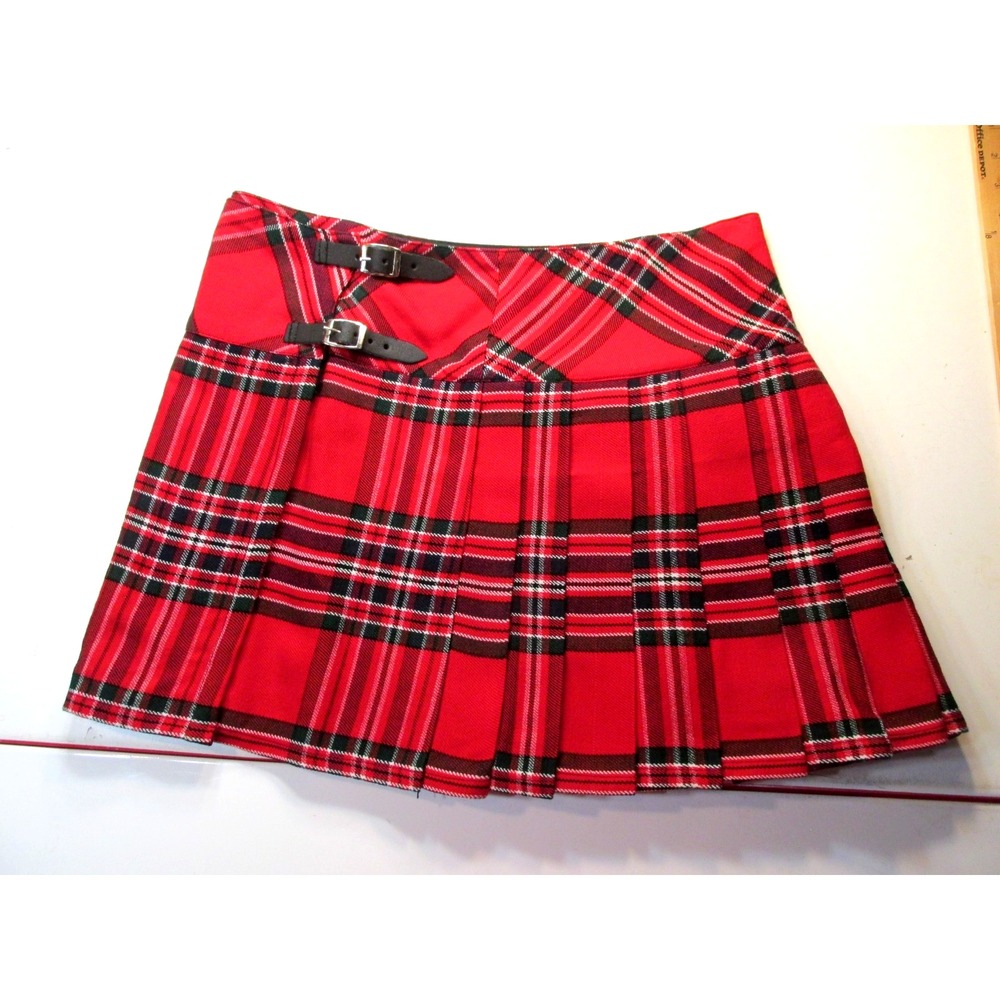 Scottish Design Tartans Red Plaid Wool Kilt Skirt Women 34 Pleated Buckle Mini